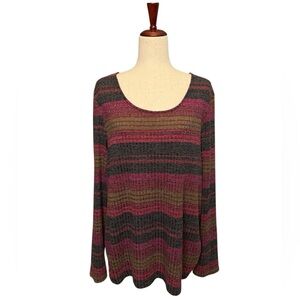 Women’s Plus Striped Long Sleeve Scoop Neck Sweater. Red Black Brown 2X #1509